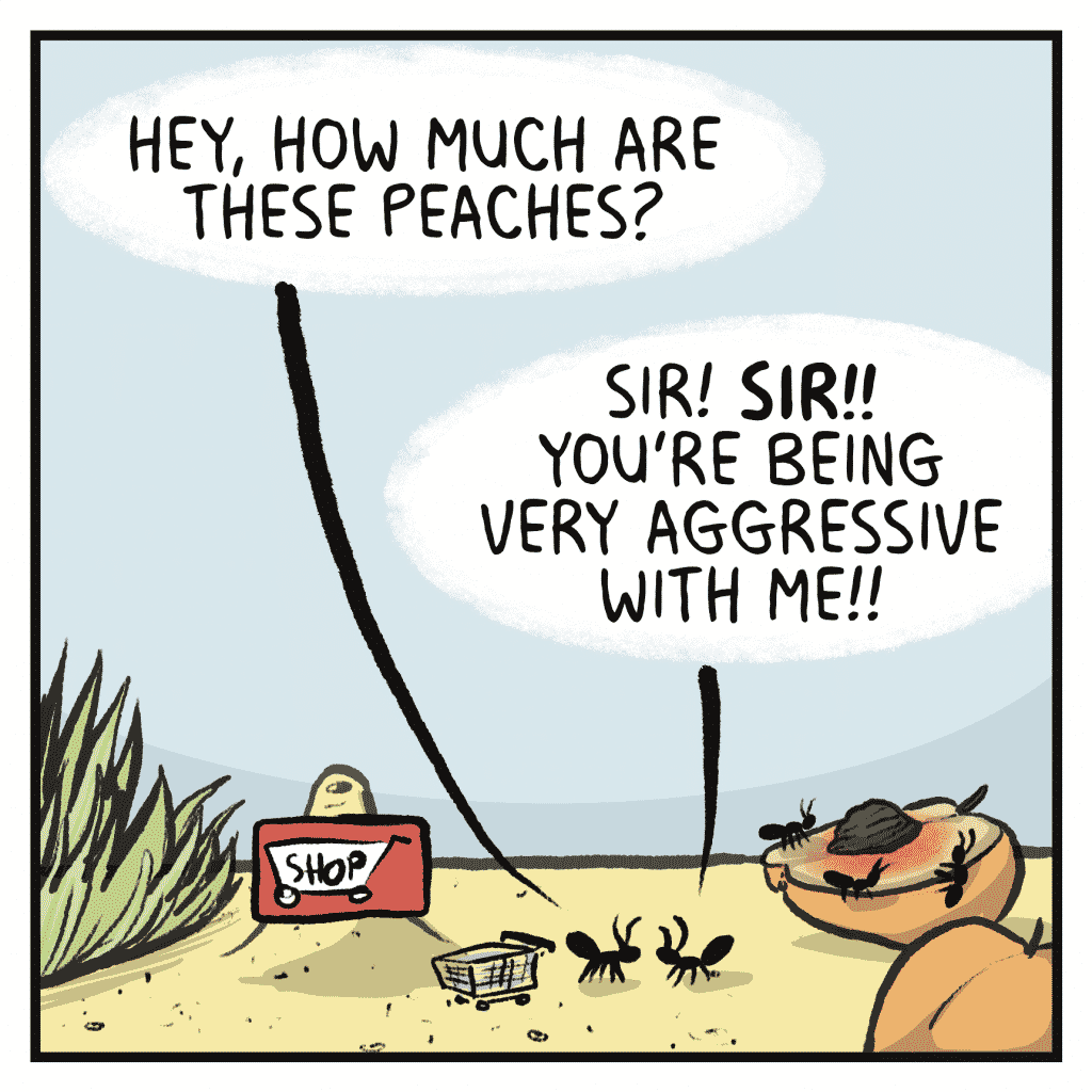 SHOPPER ANT: Hey, how much are these ants?
INDIGNANT ANT: Sir! SIR!! You're being very aggressive with me!!
