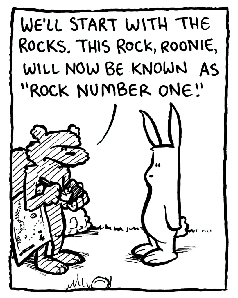 SQUIRREL: We'll start with the rocks. This rock, Roonie, will now be known as "Rock Number One."