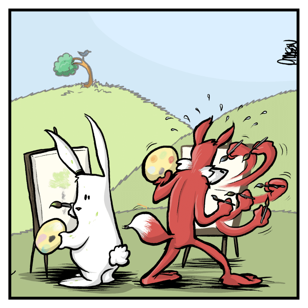 Fox furiously paints a more elaborate picture than the rabbit.