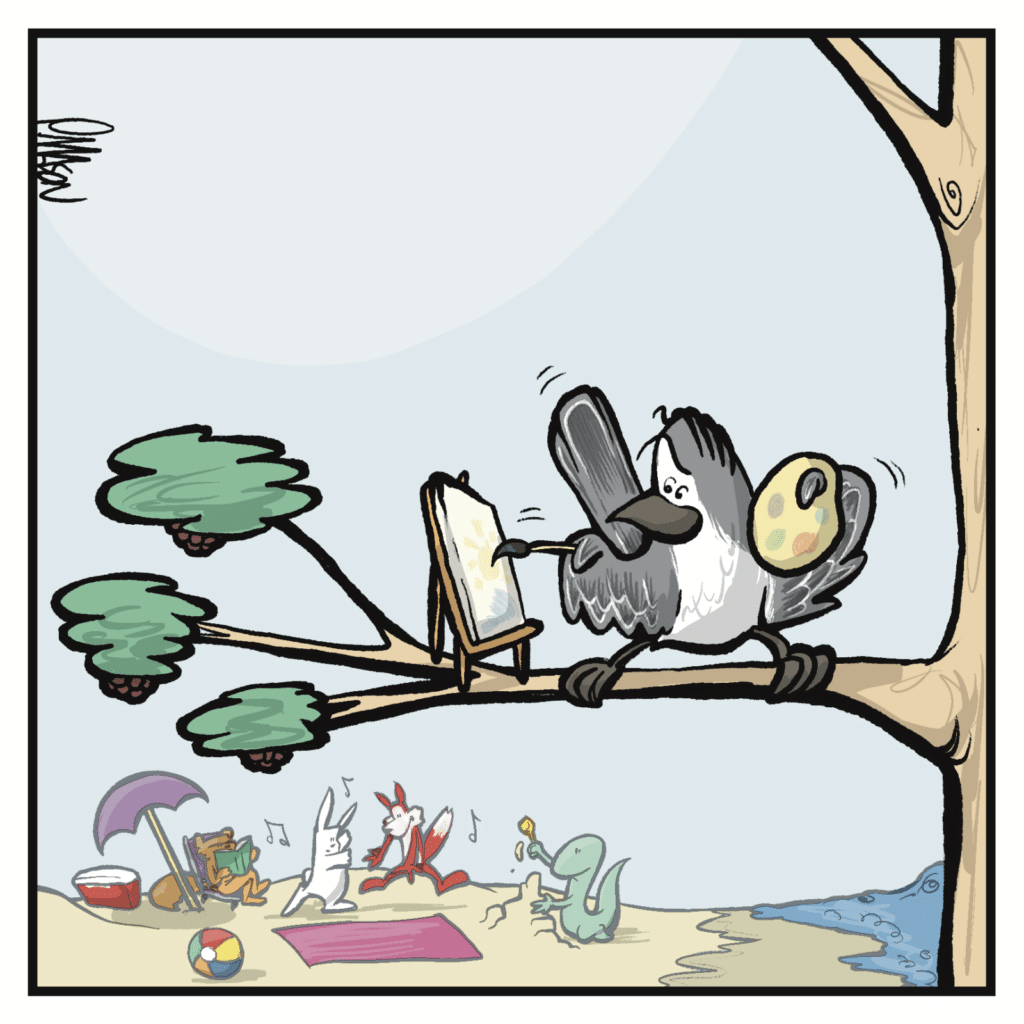 Bird furiously paints while peeking at others having fun in the distance.
