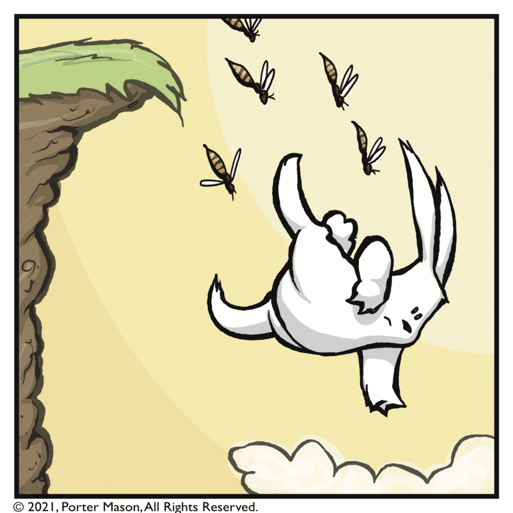 The rabbit falls off a cliff, with wasps in pursuit.