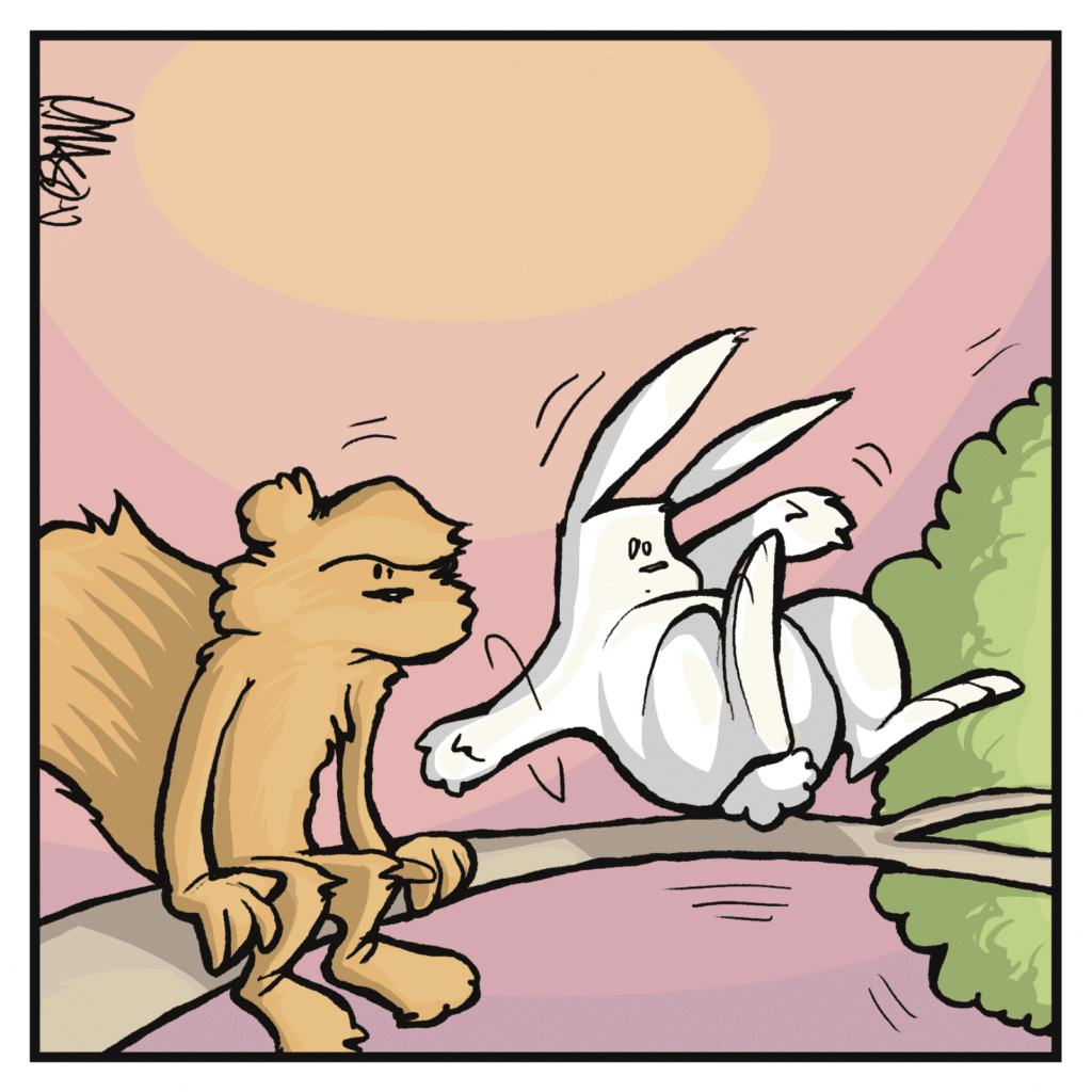 The rabbit loses their balance and falls off the tree.