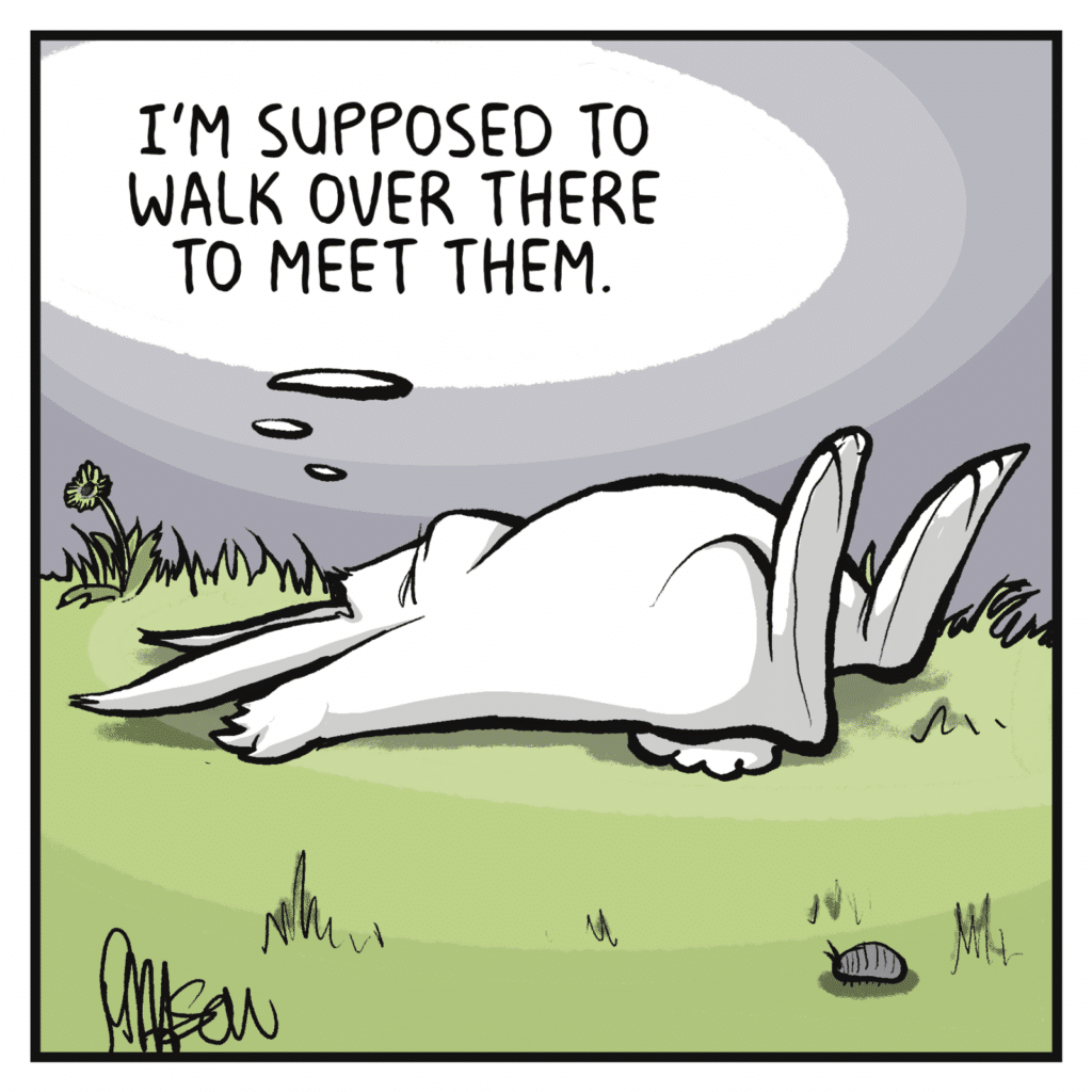 RABBIT (thinking): I'm supposed to walk over there to meet them.