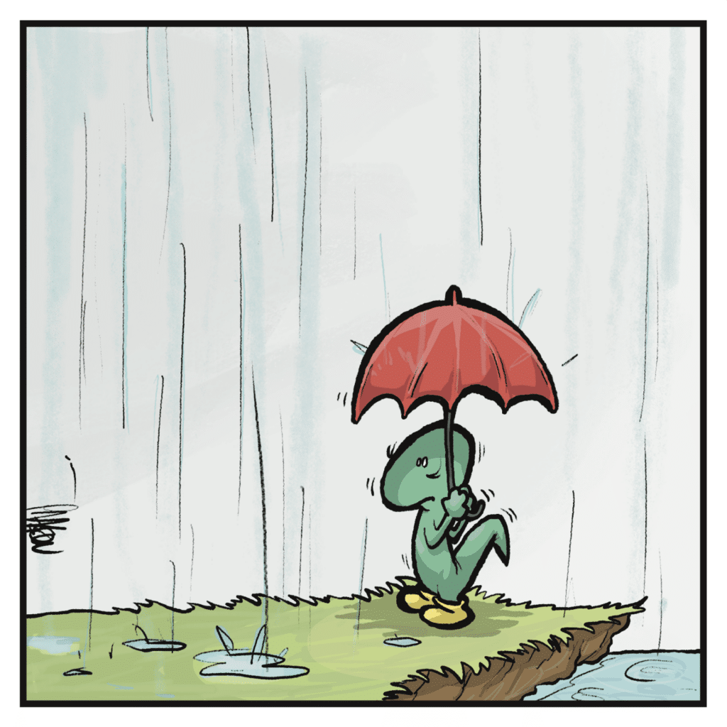 The rain slows.
