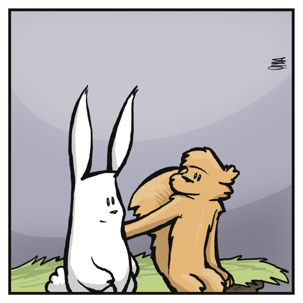 The squirrel puts their hand on the rabbit's shoulder, and the two share a smile.