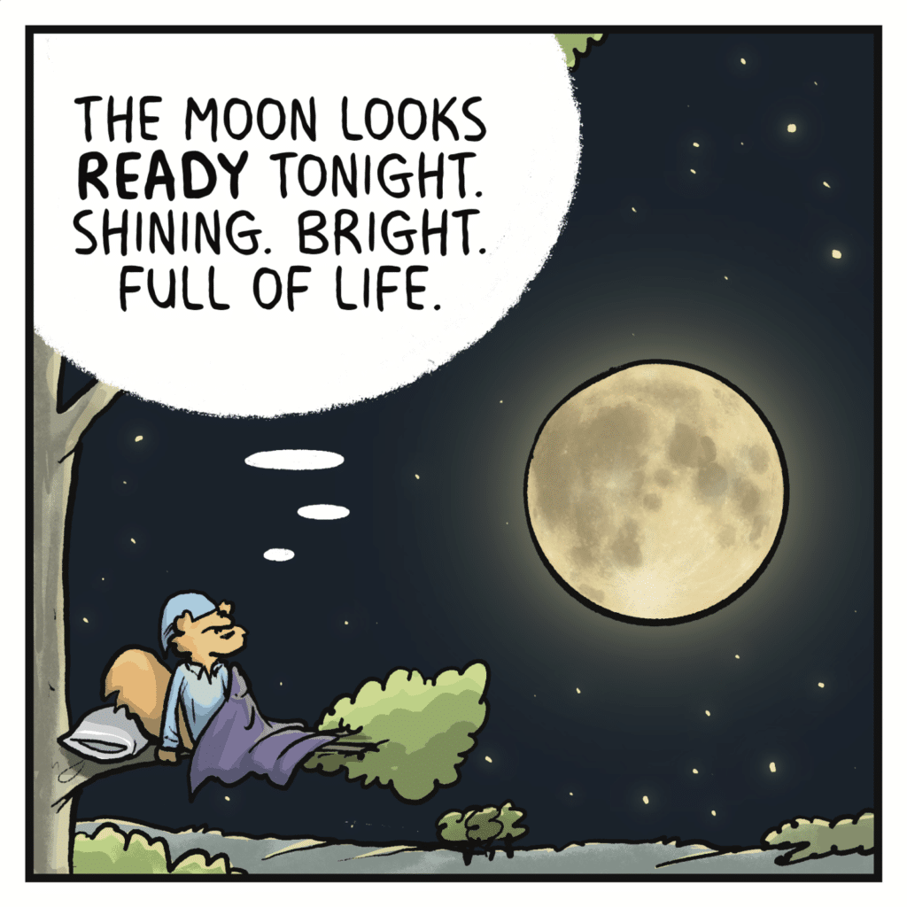 SQUIRREL (thinking): The moon looks READY tonight. Shining. Bright. Full of like.