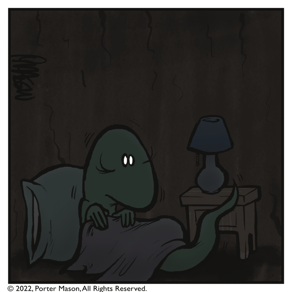 A pause. The lizard sits in the dark, wide awake.