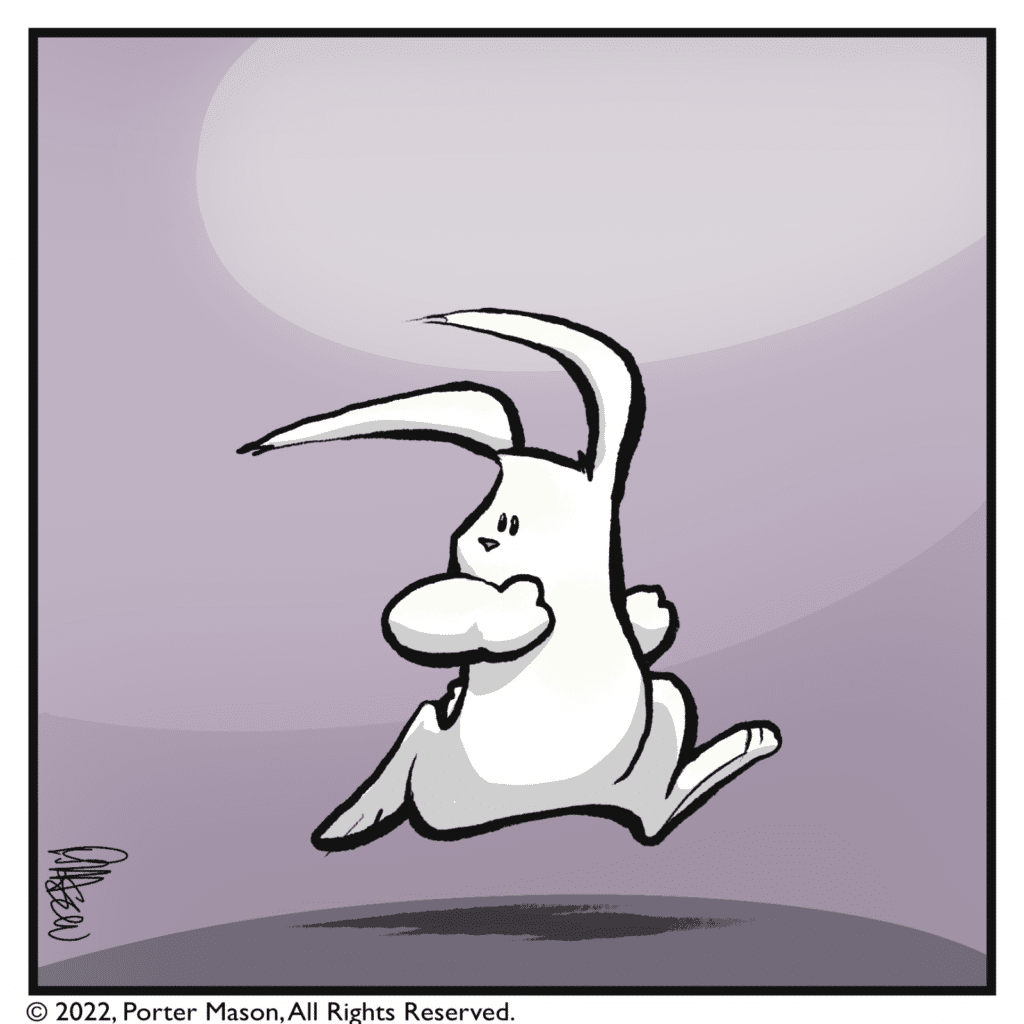 The rabbit looks backwards as he runs.