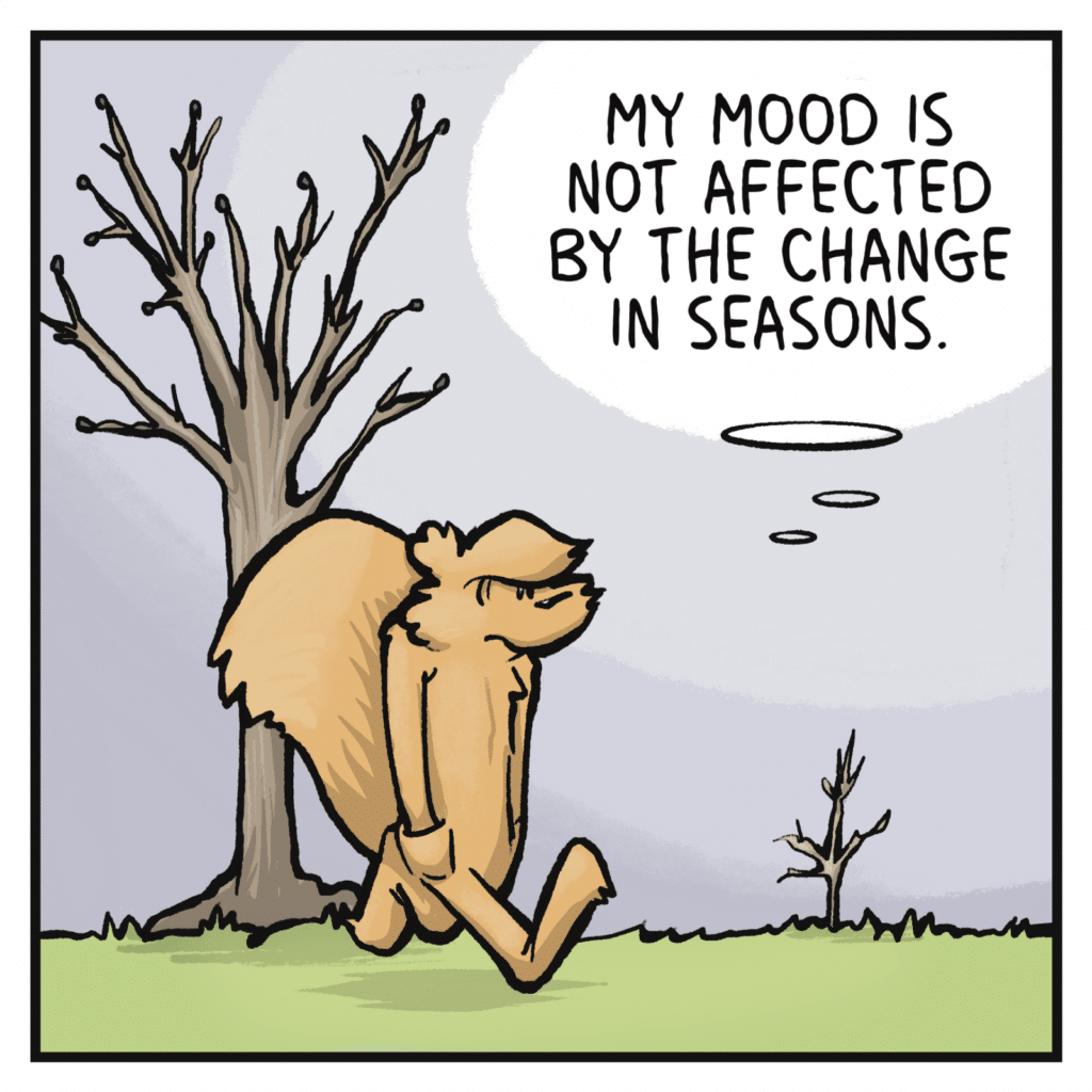 The squirrel is surrounded by trees just starting to bud with new leaves. SQUIRREL (thinking): My mood is not affected by the change in seasons.