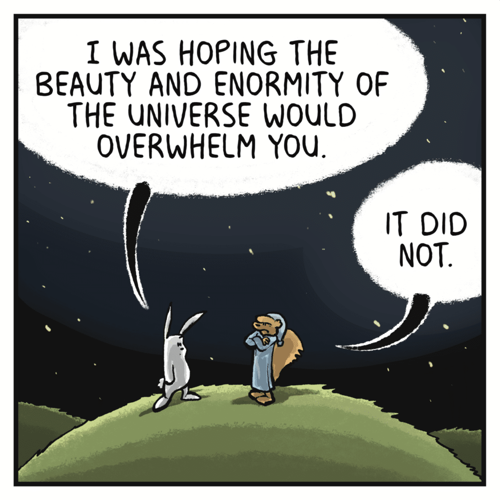 RABBIT: I was hoping the beauty and enormity of the universe would overwhelm you. SQUIRREL: It did not.