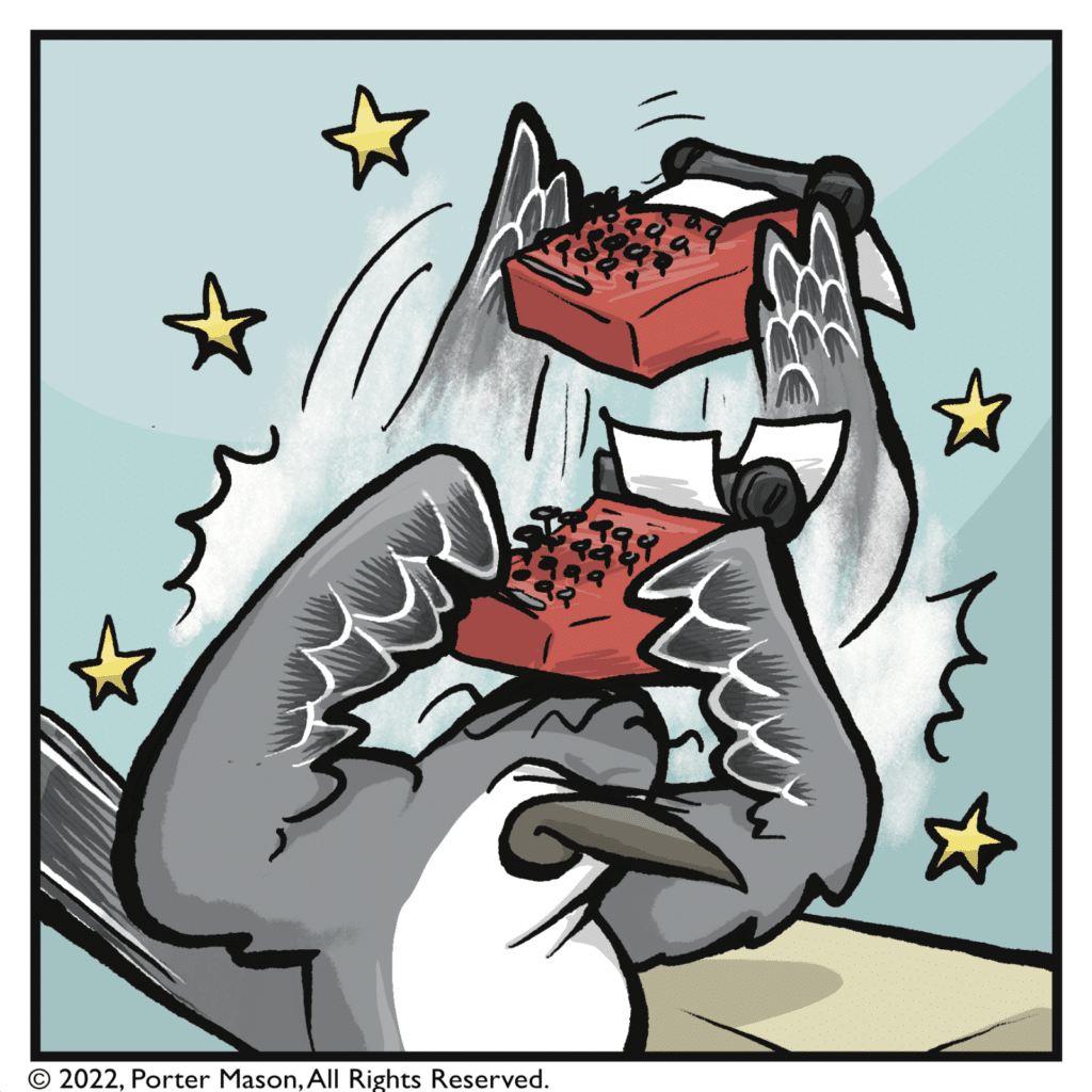 The bird smashes the typewrite against its head repeatedly.