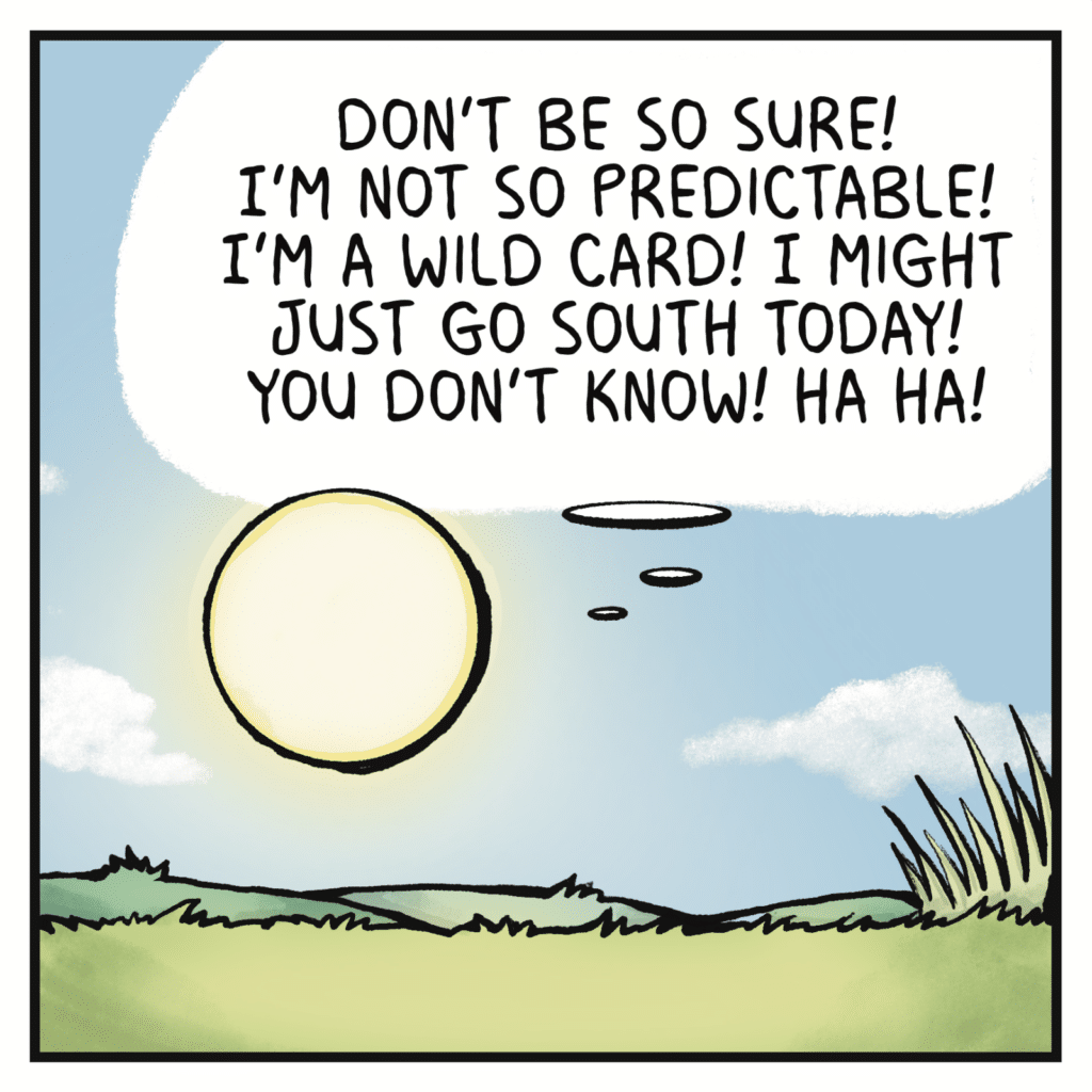 SUN (thinking as it heads higher in the sky at midday): Don't be so sure! I'm not so predictable! I'm a wild card! I might just go south today! You don't know! Ha ha!