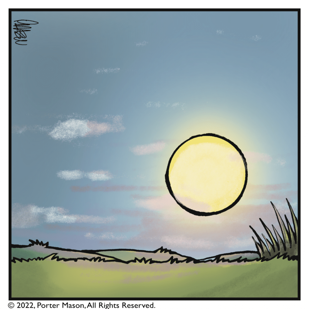 The Sun moves West and towards the horizon for dusk.