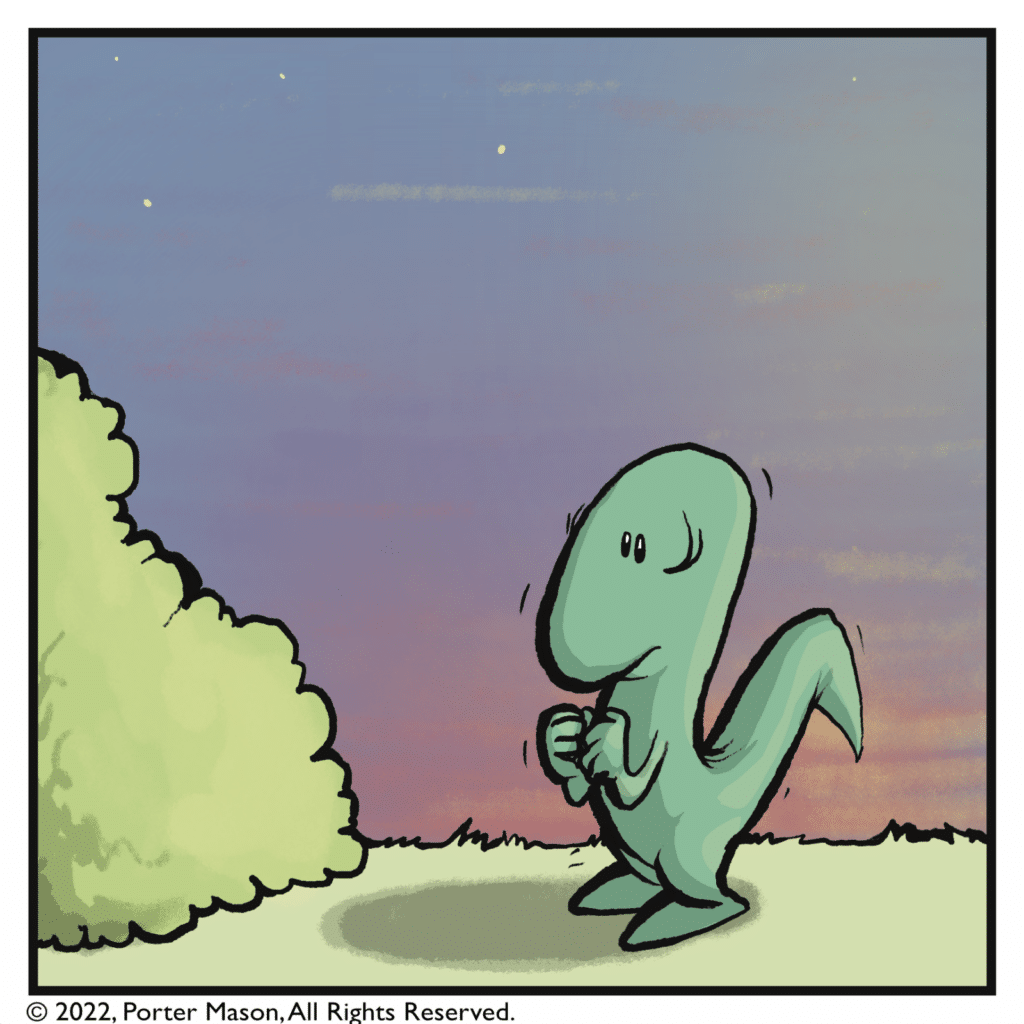 The skink still stands in the same spot as the Sun sets.