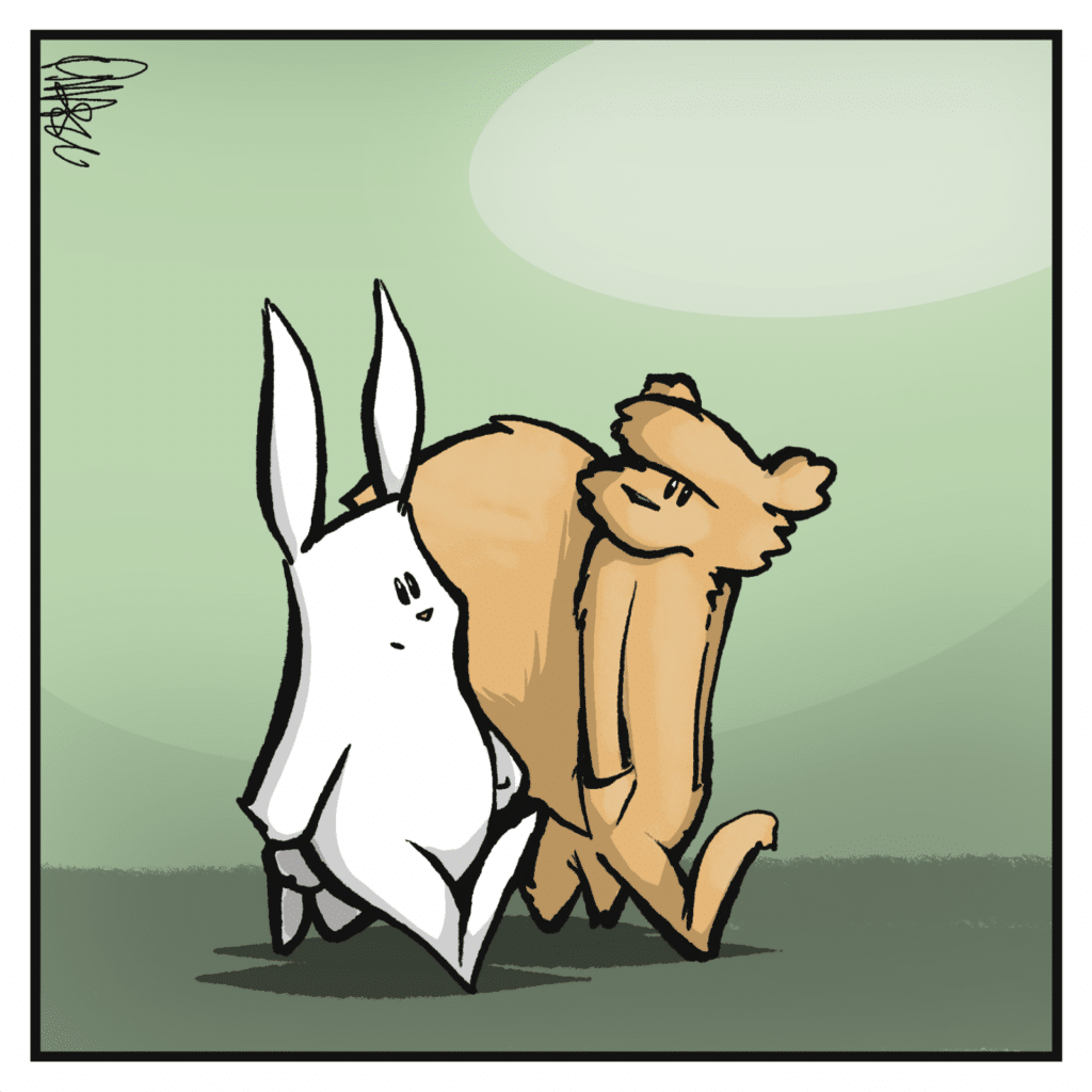 A pause as the squirrel considers the rabbit.