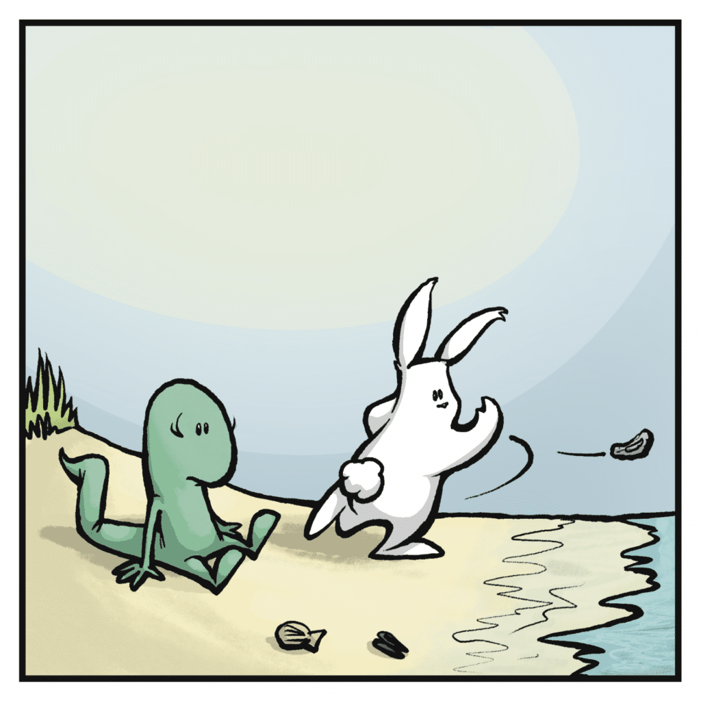 A pause as the rabbit skips a shell across the water.