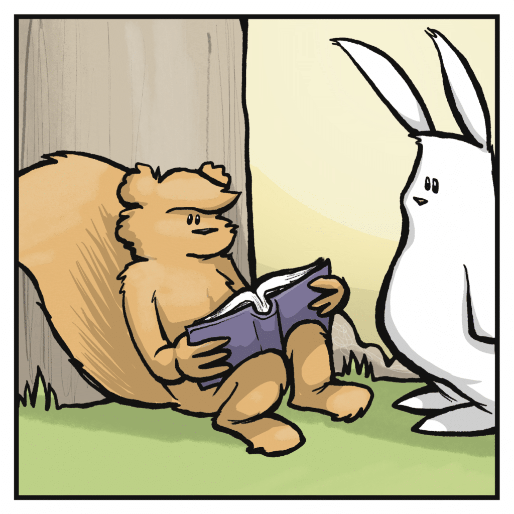 The rabbit stands in front of the squirrel.