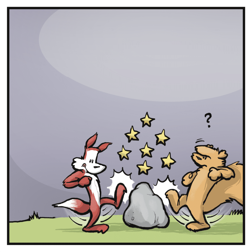 The fox kicks the rock along with the squirrel, who looks puzzled.