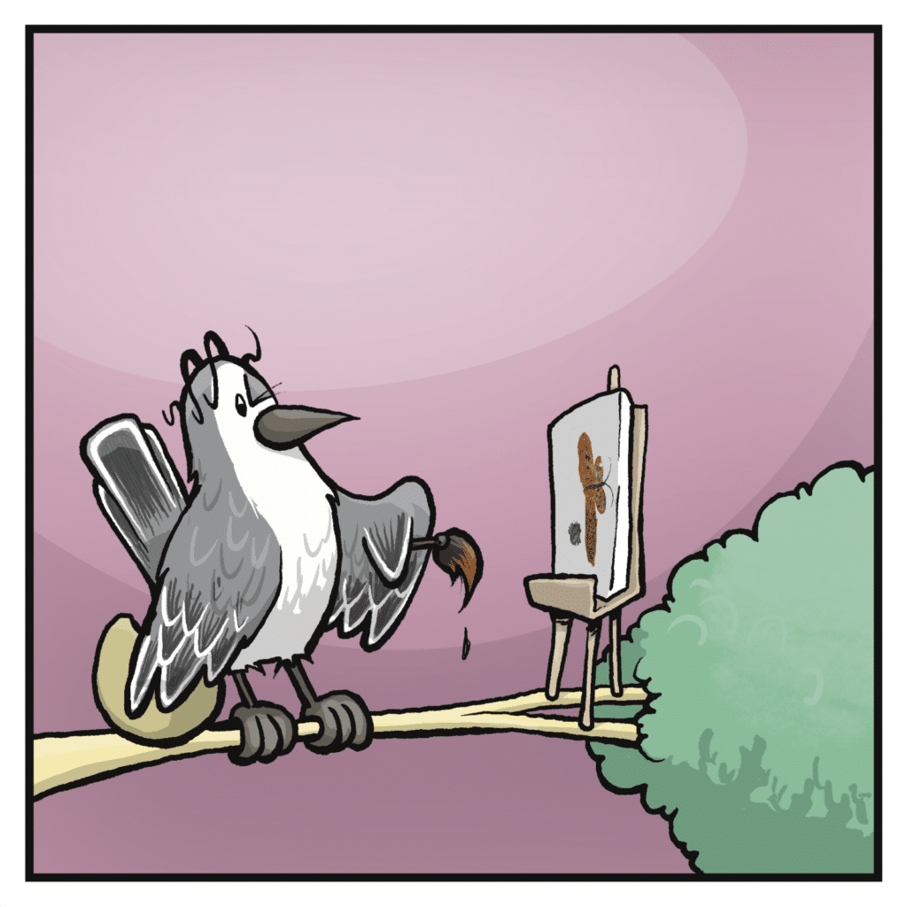 The bird considers their art.