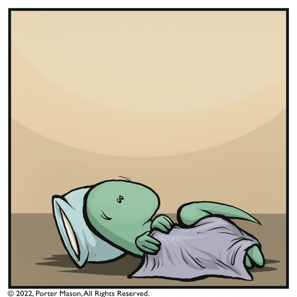 A skink in bed stares into the void.