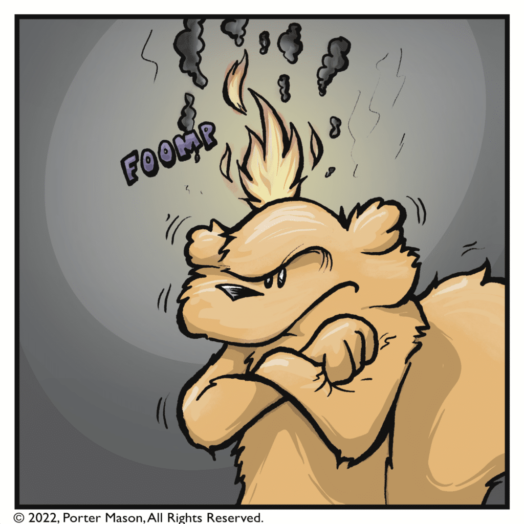 FOOMP A small flame ignites atop the squirrels head.