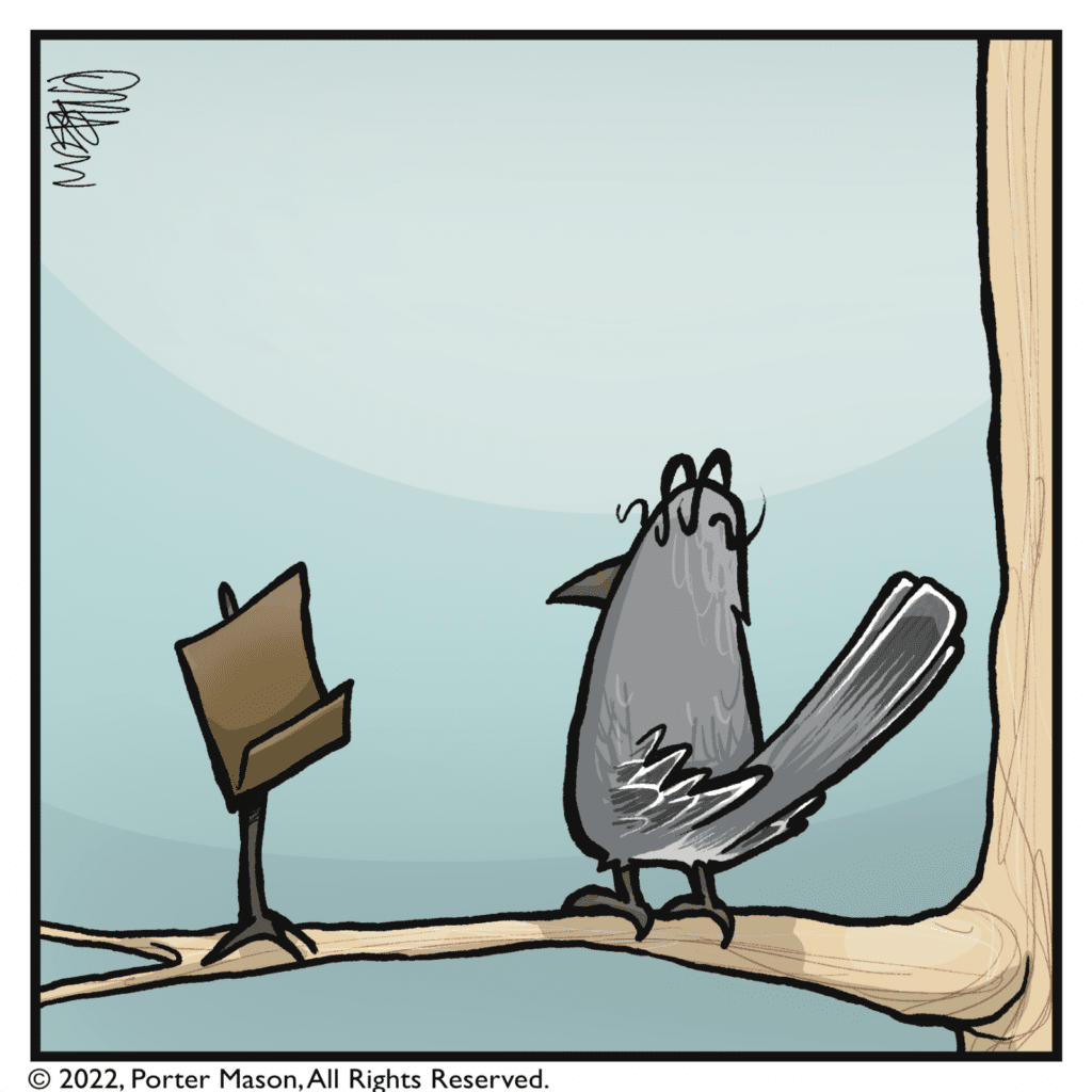 The bird waits for huge applause, but hears nothing.
