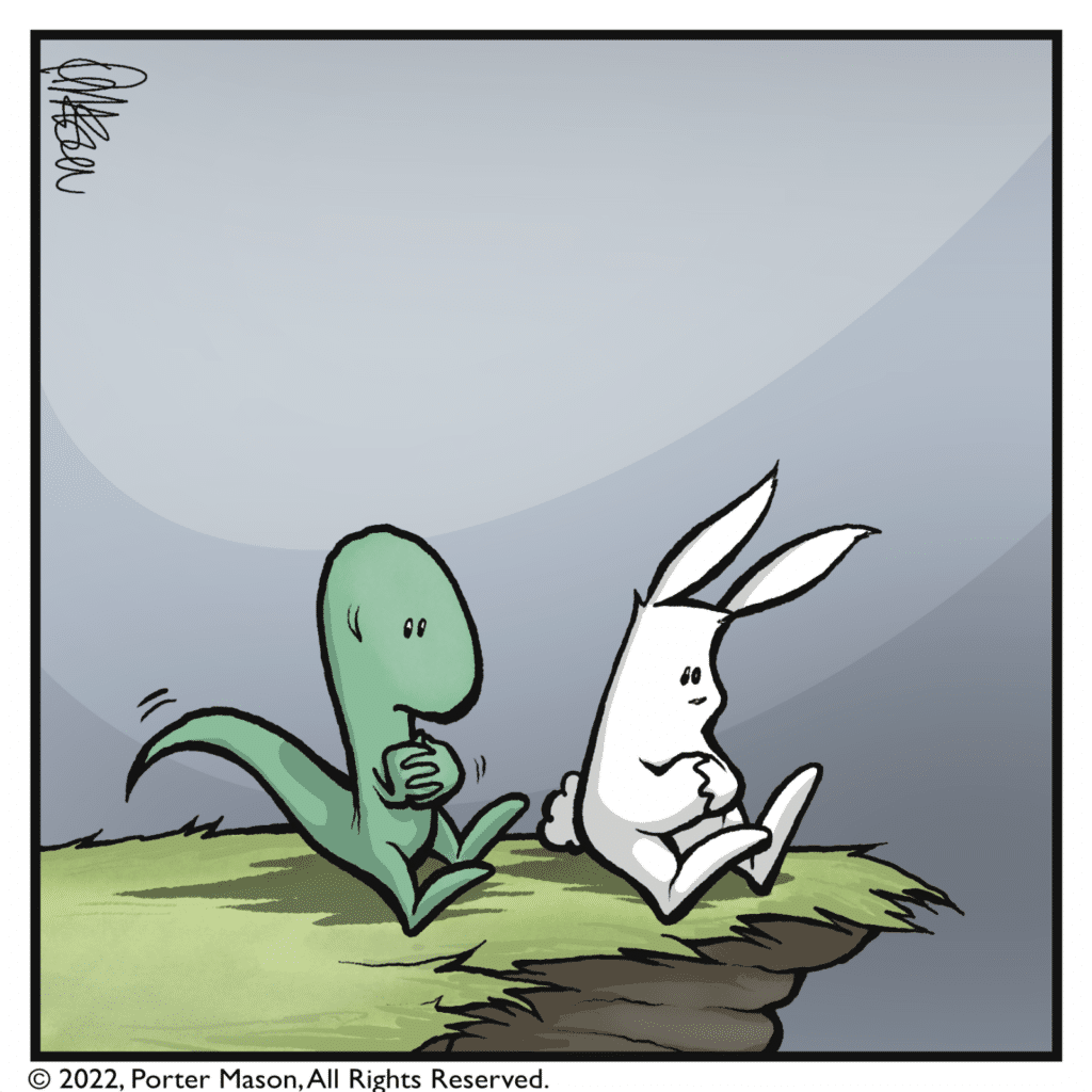 The skink and rabbit pause in thought.