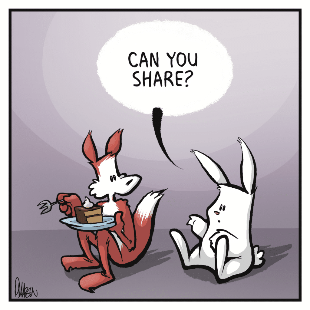 A fox is about to eat a piece of cake. RABBIT: Can you share?