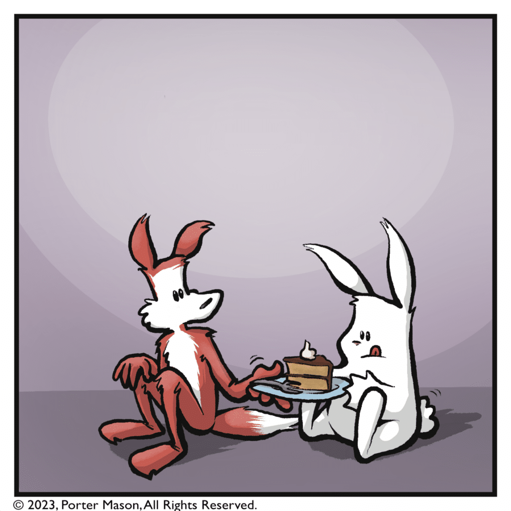 The fox hands their cake to the rabbit.