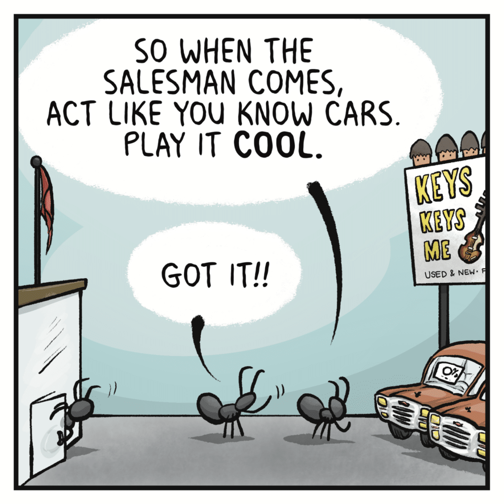 DAMON: So when the salesman comes, act like you know cars. Play it COOL. STACY: Got it!!