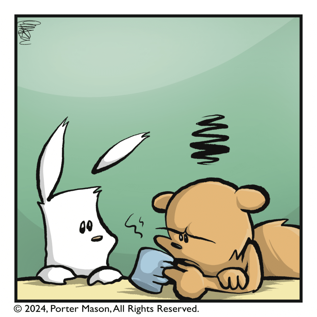 A squirrel angrily sips coffee.