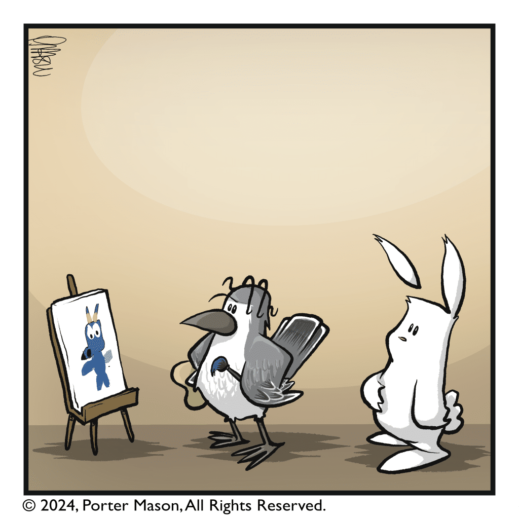 The bird stares at the painting. The rabbit stares at the bird.