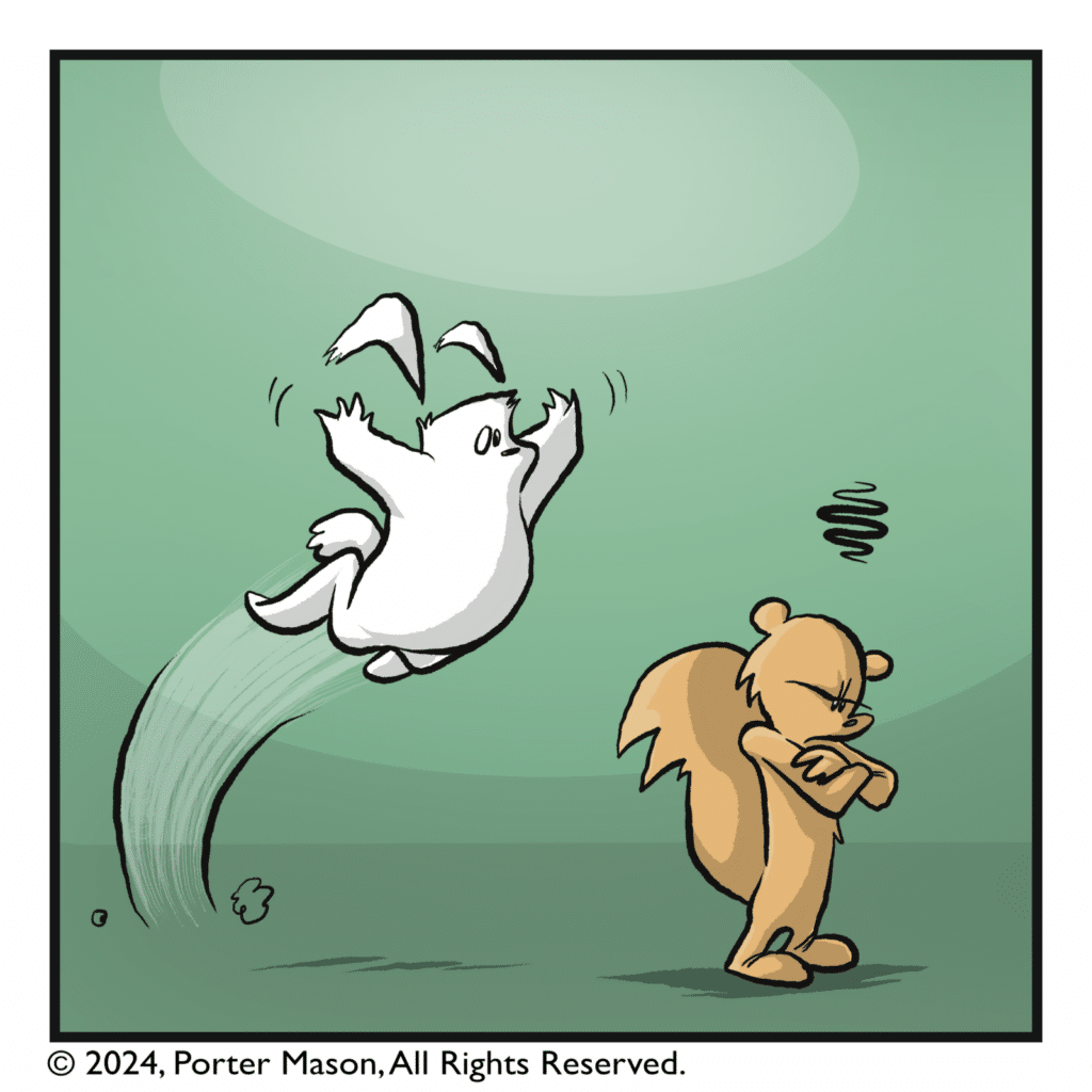 The rabbit leaps on top of the squirrel and smothers them with a hug.