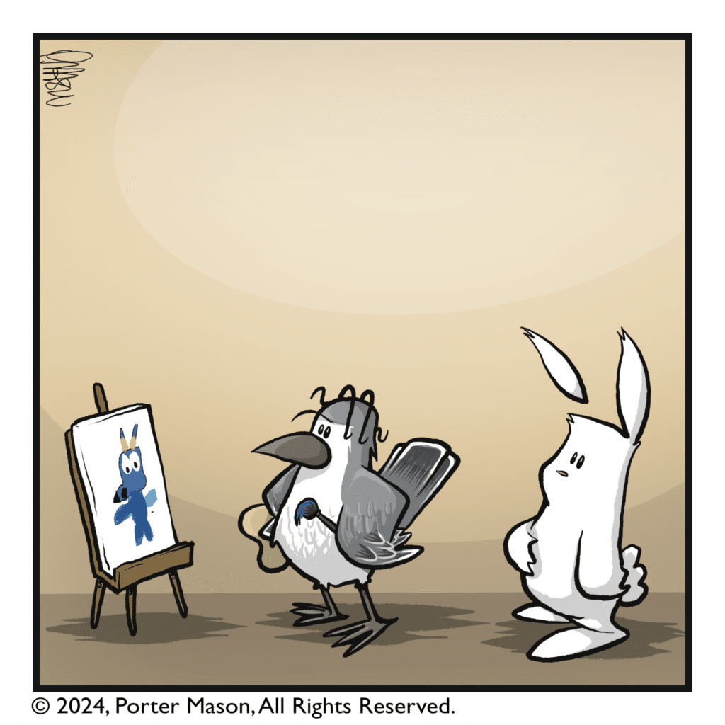 The bird stares at the painting. The rabbit stares at the bird.