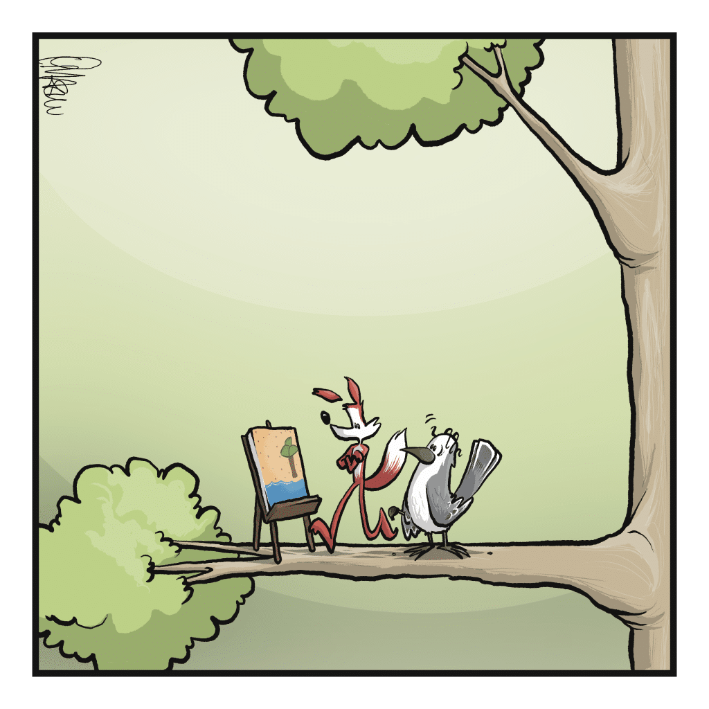 The fox walks over to the painting.