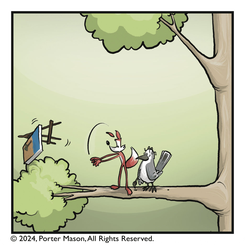 The fox hurls the painting off the bough of the tree.