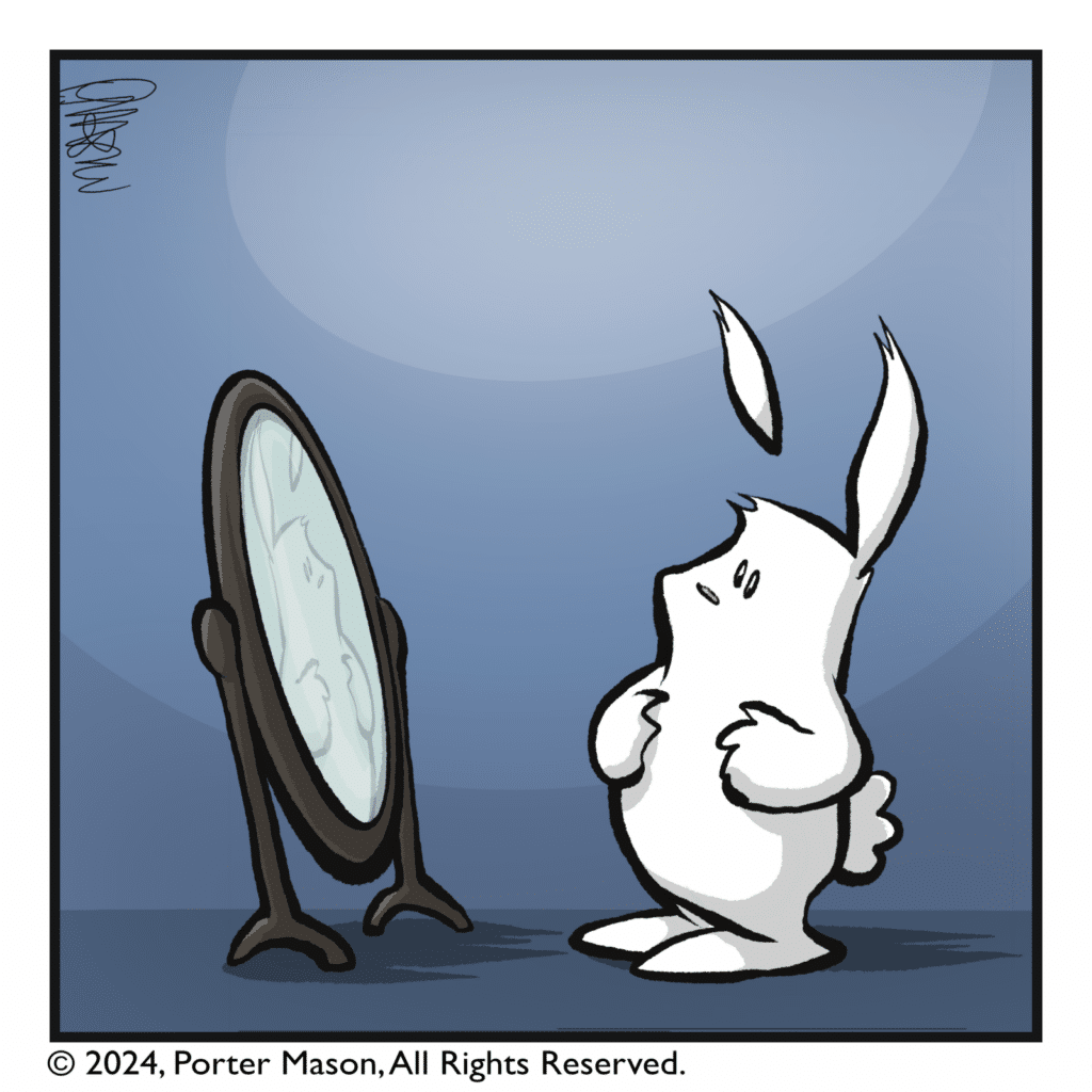 Roonie, gazing into a mirror.