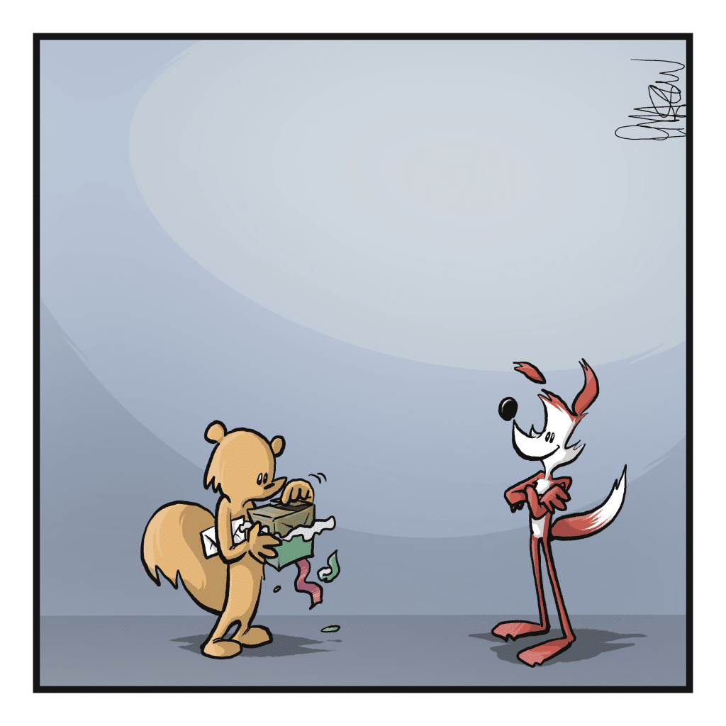 The squirrel opens the present.