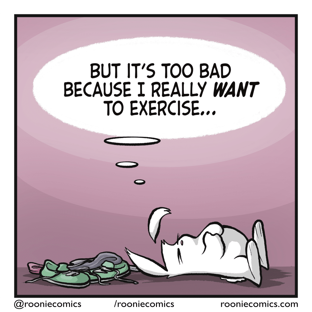 The rabbit lies on the floor next to their exercise clothes and shoes. RABBIT (thinking): But it's too bad because I really WANT to exercise...