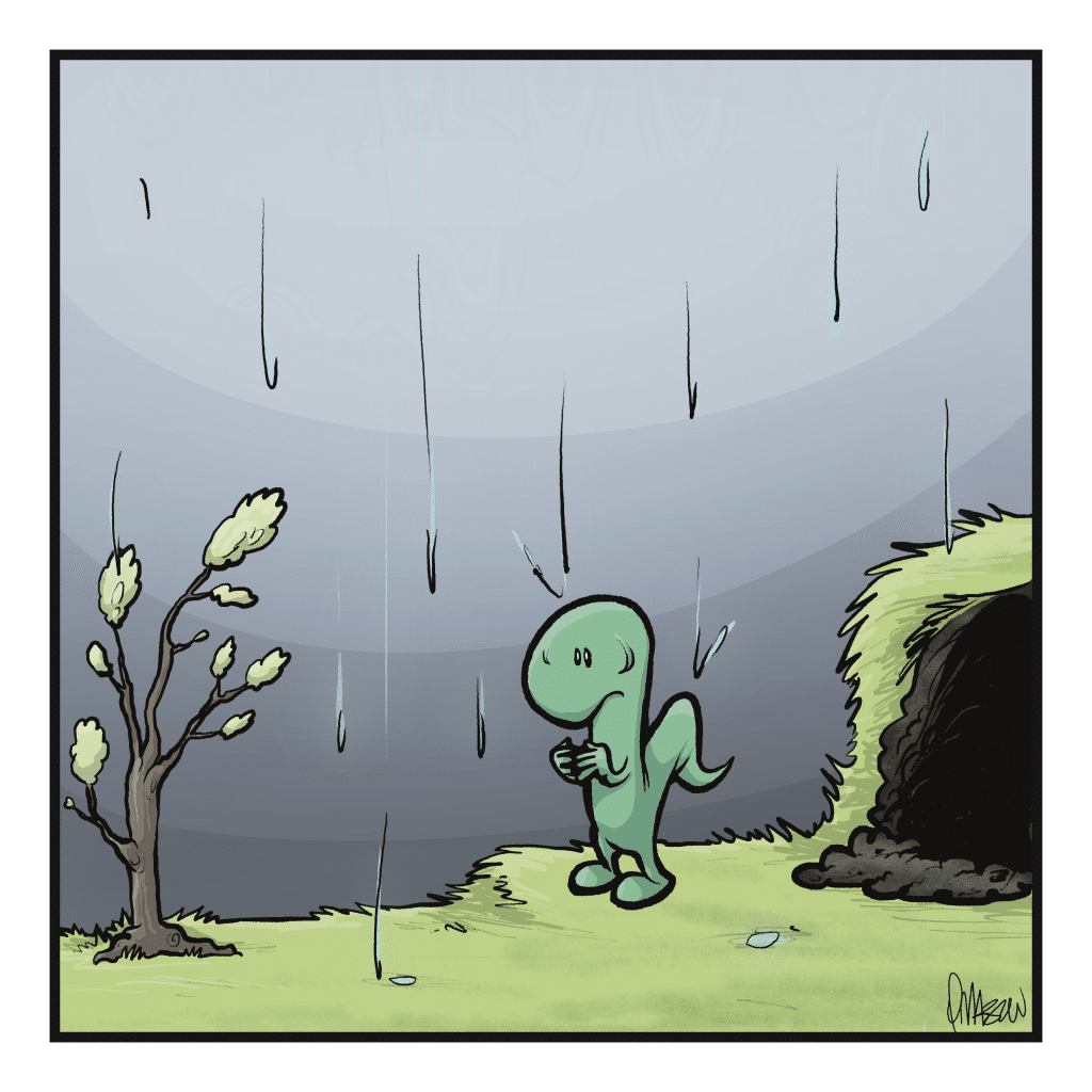 A few raindrops fall.