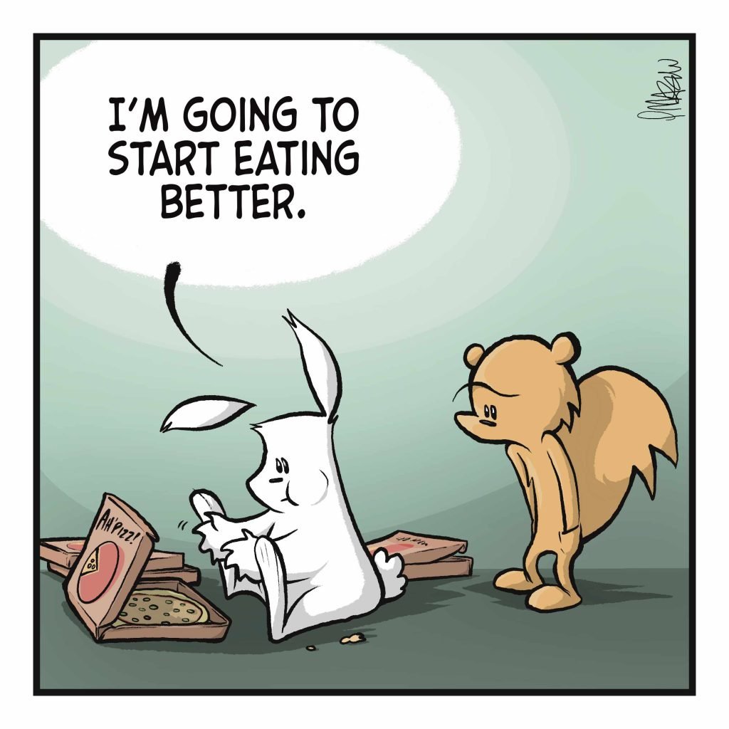 A rabbit eats a pizza. RABBIT: I'm going to start eating better.