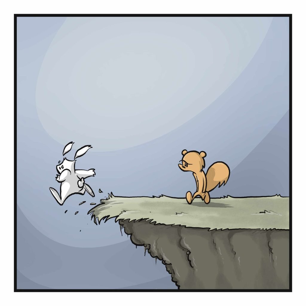 The rabbit isn't looking where it's going, and trips.