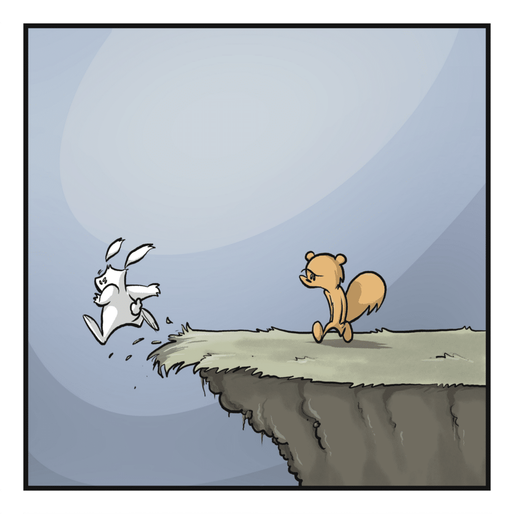 The rabbit isn't looking where it's going, and trips.