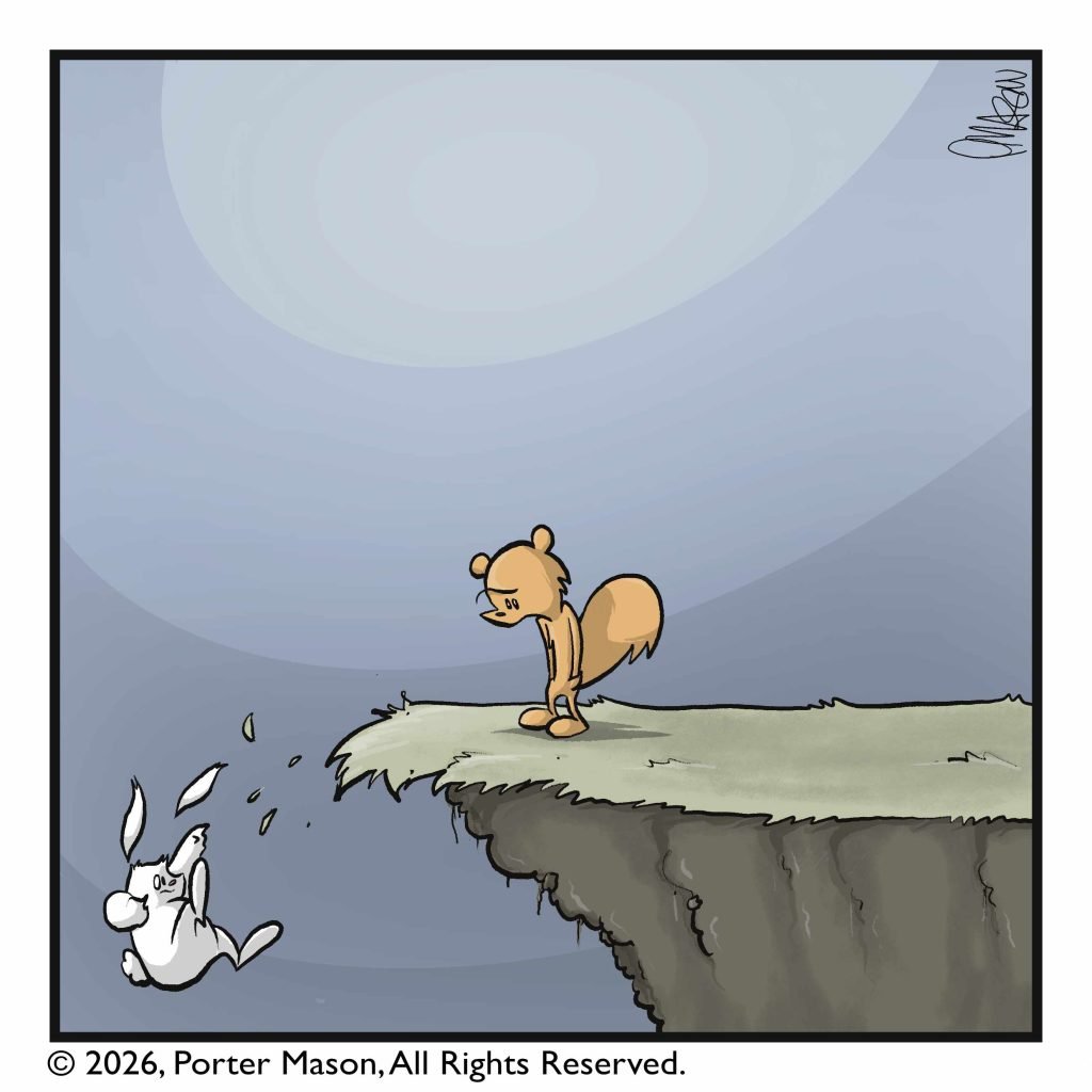 The rabbit falls off a cliff.