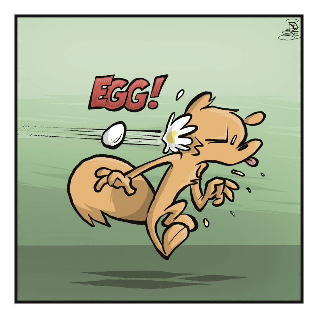 EGG! The squirrel is hit in the back of the head with an egg.