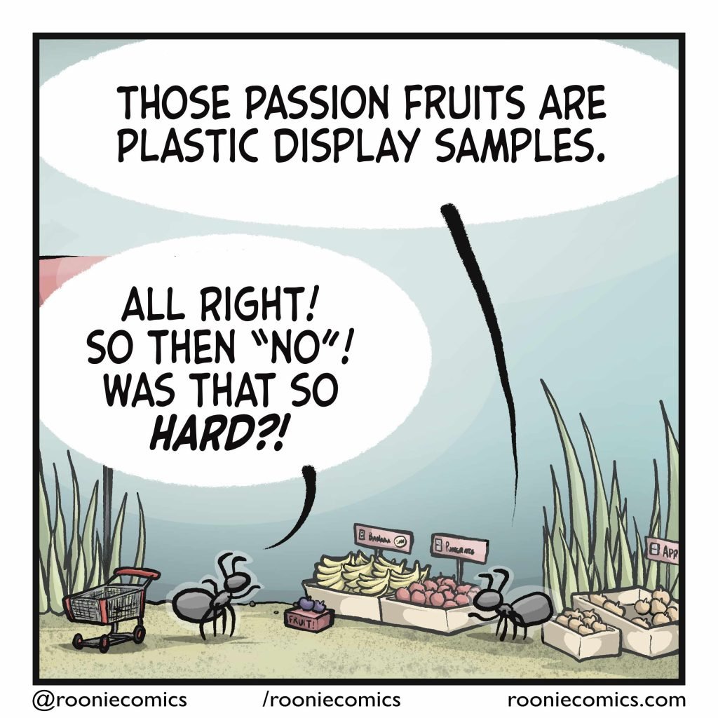 EMPLOYEE: Those passion fruits are plastic display samples. CUSTOMER: All right! Se then "no"! Was that so HARD?