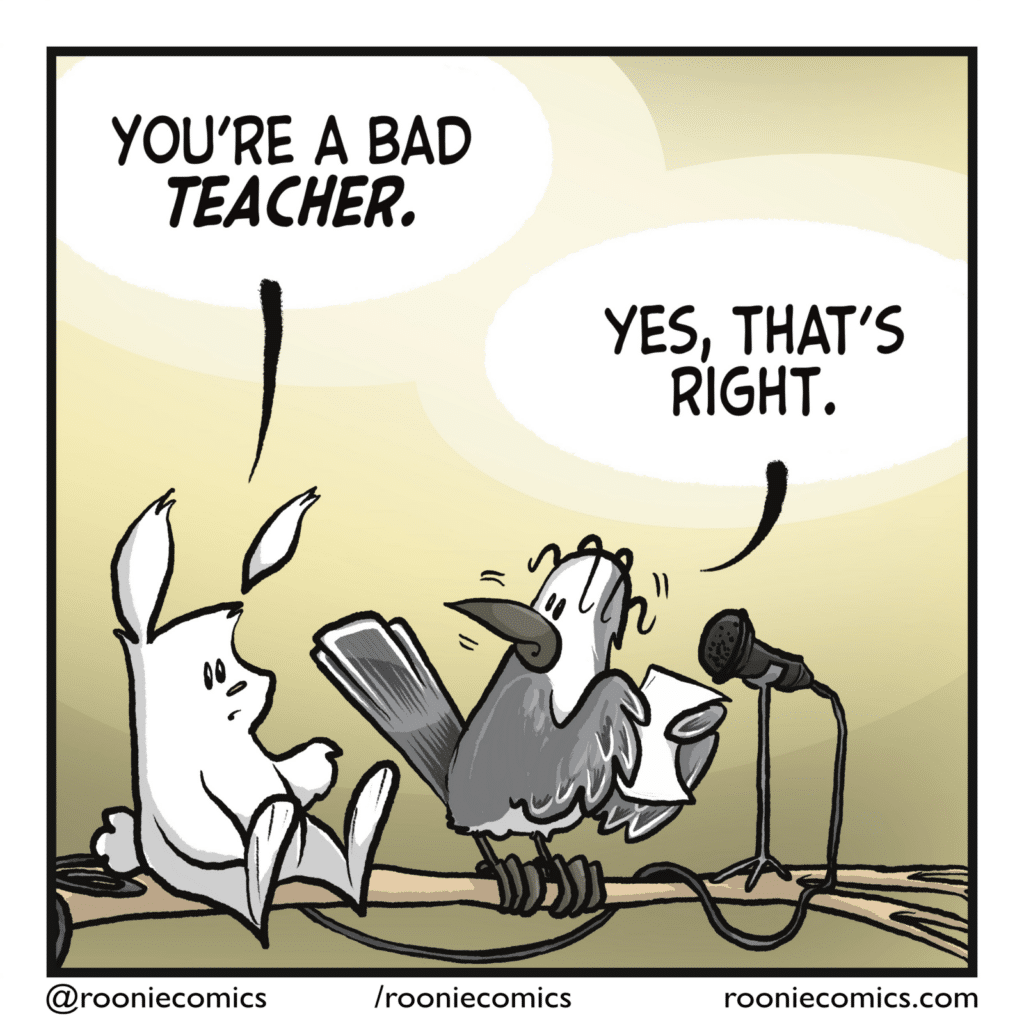 RABBIT: You're a bad TEACHER. BIRD: Yes, that's right.