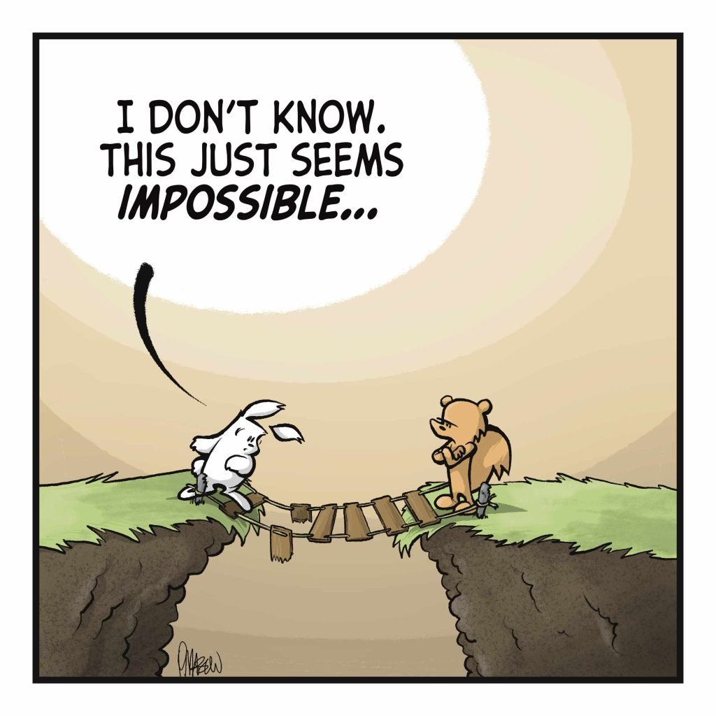 A rabbit stands before a shaky bridge across a great chasm. RABBIT: I don't know. This just seems impossible.