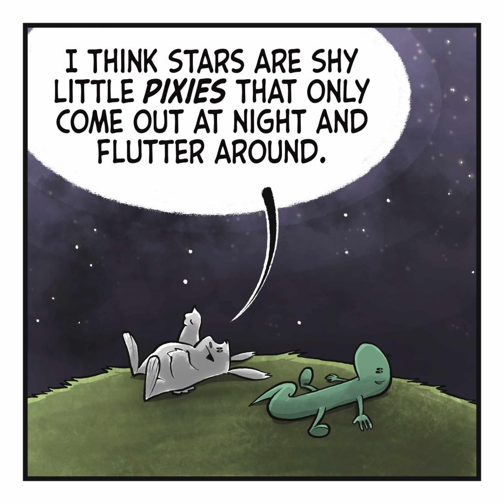 A rabbit and lizard lie down in a field and stare at the night sky. RABBIT: I think stars are shy little PIXIES that only come out at night and flutter around.