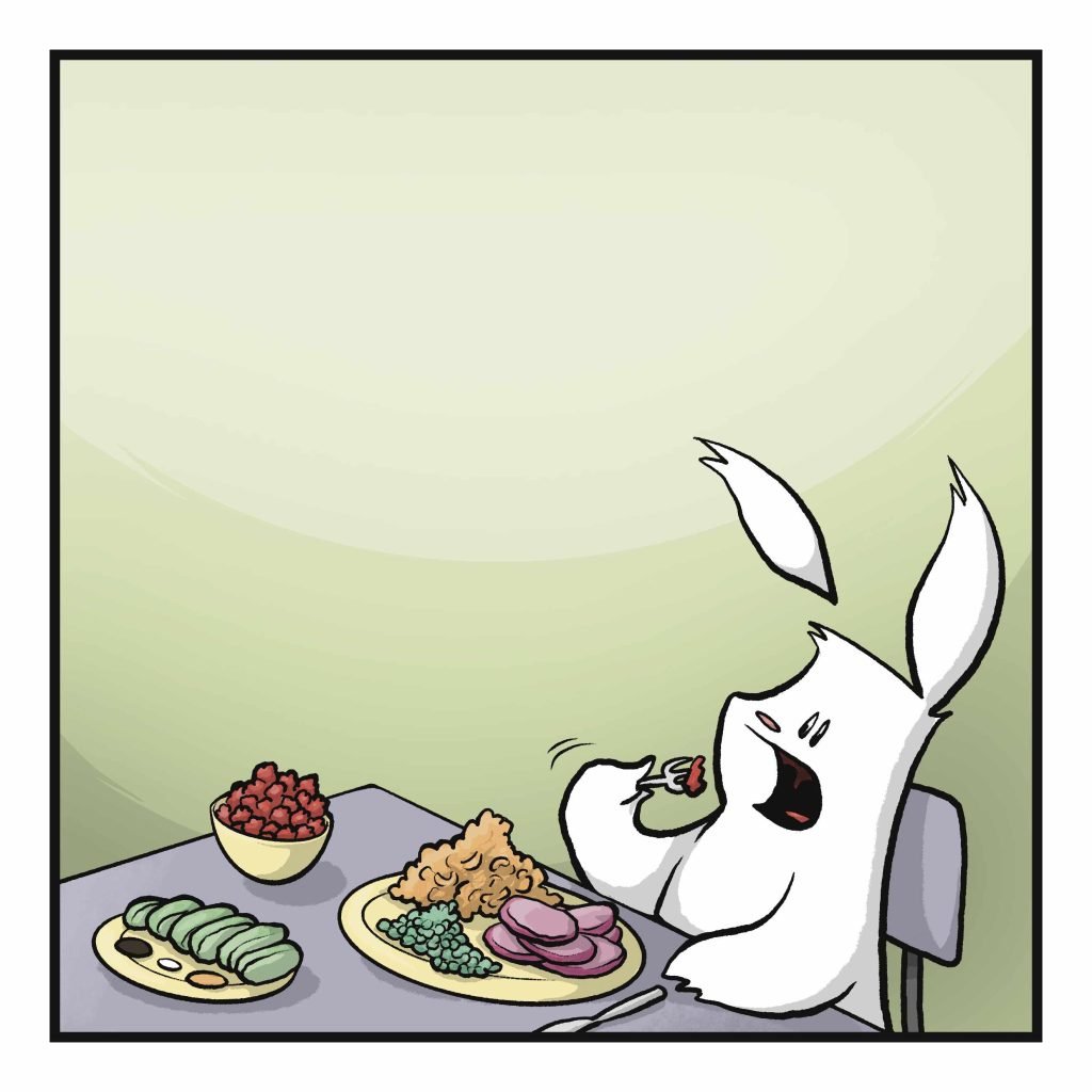 A rabbit takes the first bite.